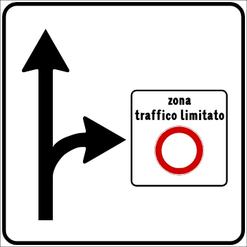 An advance warning sign: an arrow straight ahead, and an arrow turning right that carries the ZTL sign